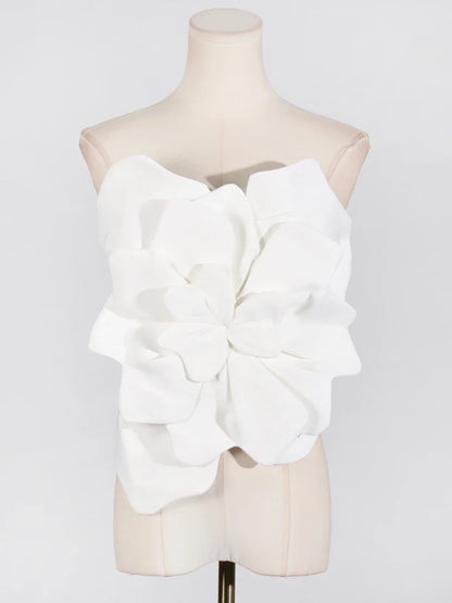 VGH Sexy Patchwork 3D Flower Tank Tops for Women Strapless Sleeveless Spliced Zipper Solid Temperament Vest Female Fashion Style