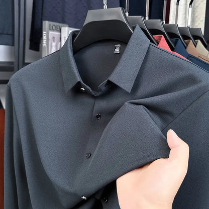 Men's Wool-Blend Dress Shirt Charcoal Gray Business Essential Seamless Technology Non-Iron & Tailored Collar All Season Comfort