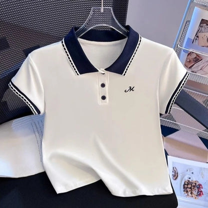 Women's Summer Straight Shoulder Cotton Polo Collar Short Sleeve T Shirt Color Block Slim Fit Slimming Short Top