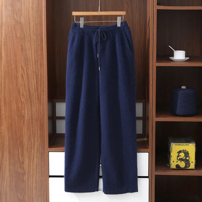 MVLYFLRT Men's 100% Mink Cashmere Thick Wide Leg Pants Comfortable Fit Knitted Luxury Winter Trousers D188