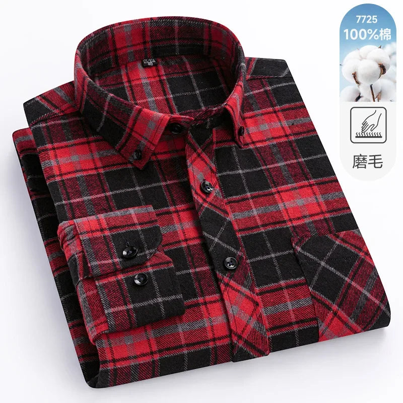 New Flannel Plaid Long Sleeve Men Casual Shirts Autumn Winter Fashion Plus Size Regular Fit Smart Dress Shirts Daily Clothes Top
