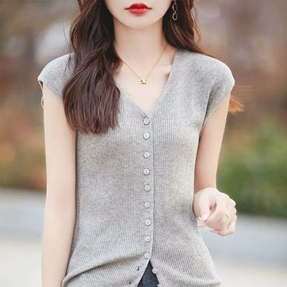 Women's Clothing New Fashion V-neck Knit Tops Summer Casual All-match Thin Sleeveless Tanks Lady Solid Single-breasted Cardigan
