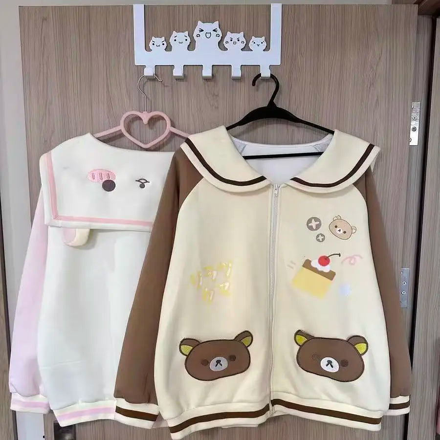 Cute Bear Hooded Zipper Jacket Sweatshirt Set Long Sleeve Autumn Winter Outfit Straight Leg Pants Medium Length Skirt