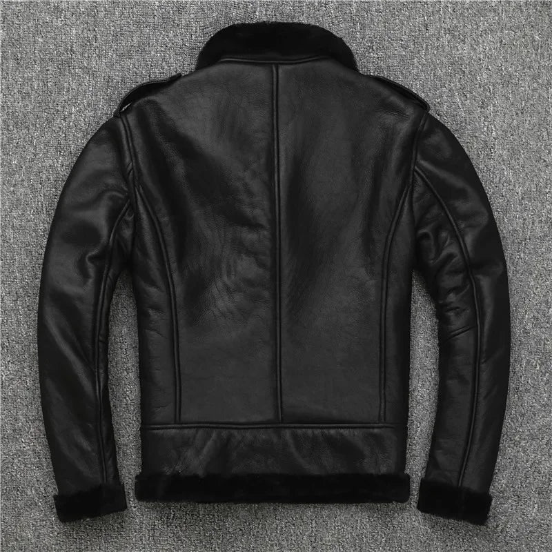 New Fashion Black Shearling Sheepskin Coat Men's Winter Oblique Zipper Biker Genuine Leather Jacket Retro Wool Fur Warm Clothes