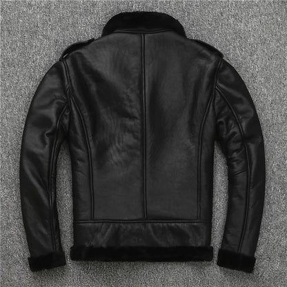 New Fashion Black Shearling Sheepskin Coat Men's Winter Oblique Zipper Biker Genuine Leather Jacket Retro Wool Fur Warm Clothes