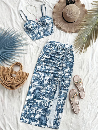 Summer Tops Women's Dress 2 piece suit swimsuit seaside vacation printed suspender Backless Slim top side slit skirt Party Dress