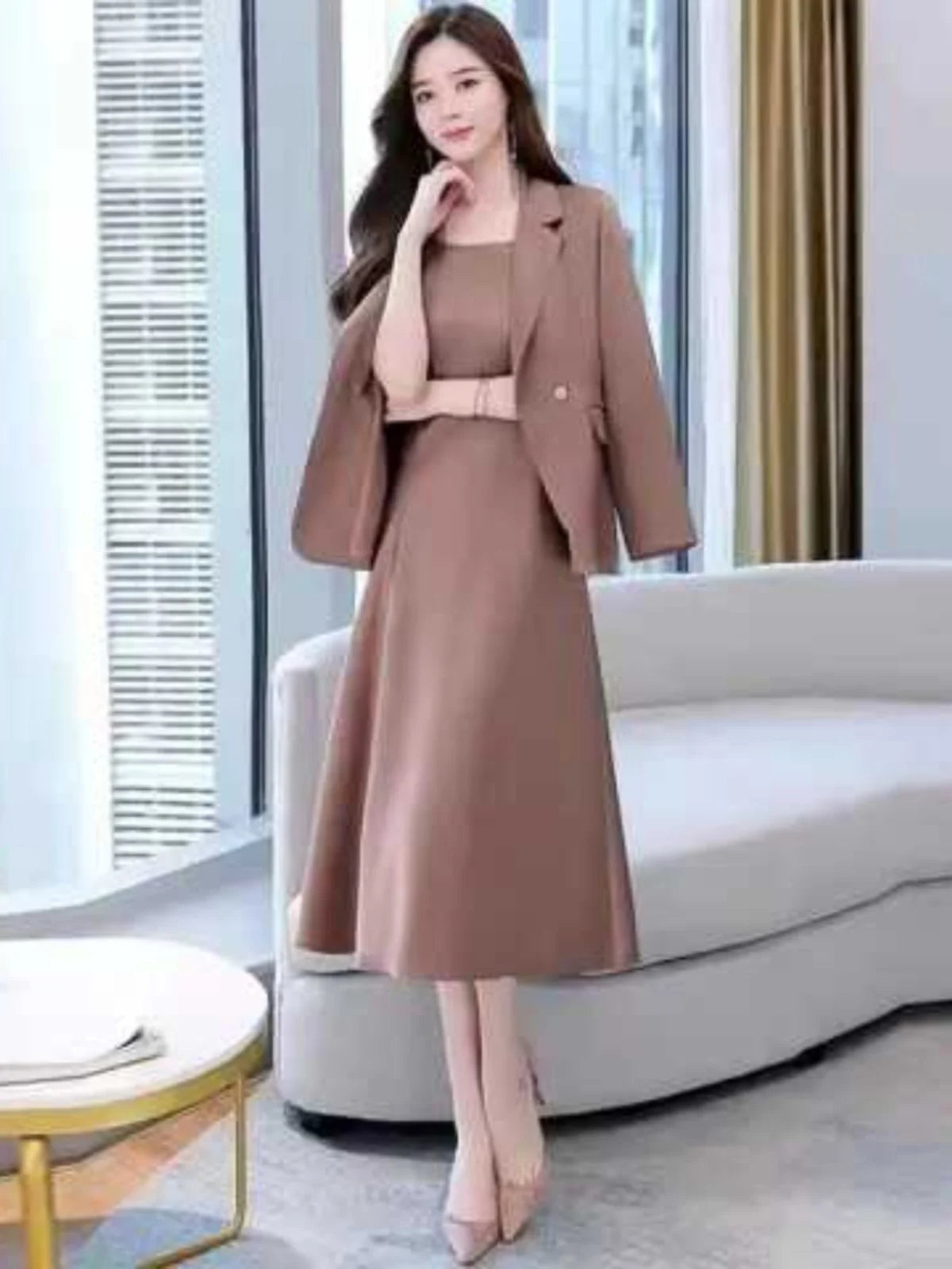 plus Size Women's Dress Suit Set Sleeveless Long Dress with Jacket Autumn Fashion Slimming Two-Piece Set High Waist Korean Style