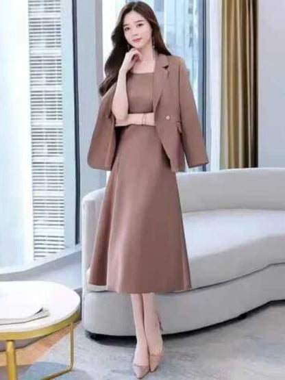 plus Size Women's Dress Suit Set Sleeveless Long Dress with Jacket Autumn Fashion Slimming Two-Piece Set High Waist Korean Style