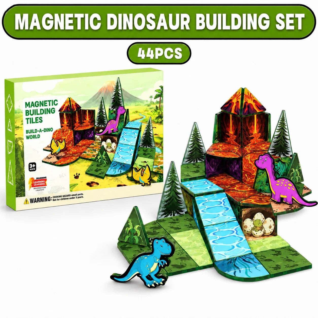 Dinosaur Magnetic Building Blocks, 44PCS, Creative 3D Tiles Set, STEM Educational Toys, Kids Birthday Gift.