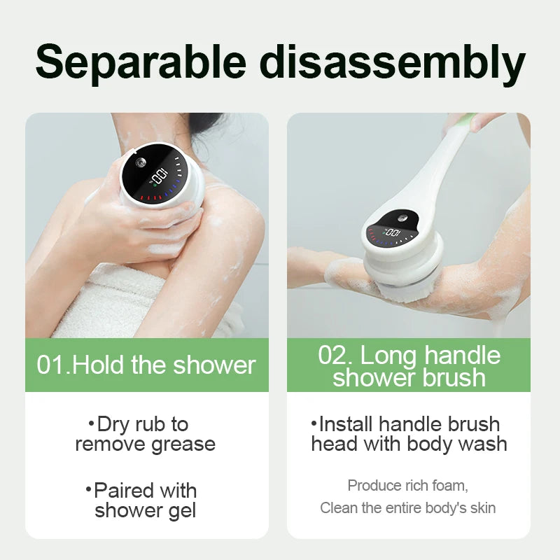 Electric Body Brush Back Skin Scrubber for Shower Waterproof Bath Brush with 5 Heads 3 Levels for Cleansing and Massaging Skin
