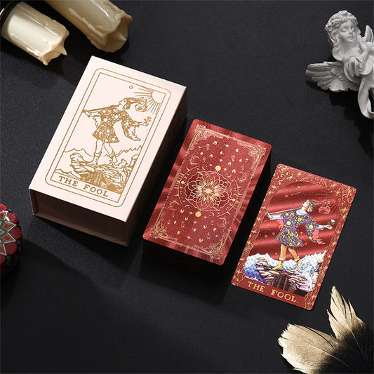 7*12cm Premium Red Gold Foil Tarot Cards PVC Glitter Laser Holographic Divination Deck with Guidebook Luxury Gift Box Board Game