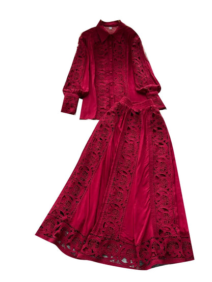Elegant Lace Hollow out Long Sleeve Shirt And High Waist Half Skirt Two Piece Set for Women Fashionable And Stylish Ensemble
