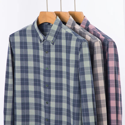 Premium Lyocell Fabric New Fashion Slim Fit Mens Shirts Checkered Business Breathable Plaid Casual Button Down Long Sleeve Top