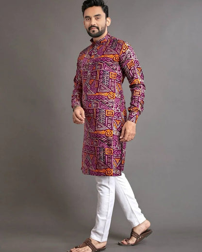Luxury Islamic Arabic Abaya Robe National Style Ethnic Print Stand Collar Youth Mid-length Ropa Arabe Hombre Kurta For Men