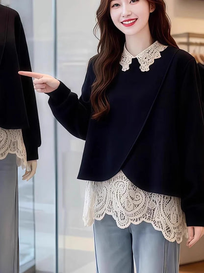 plus Size Lace Splice Loose Fit Sweatshirt Women's Fake Two-Piece Style Autumn Winter New Arrival Korean Commute Fashion