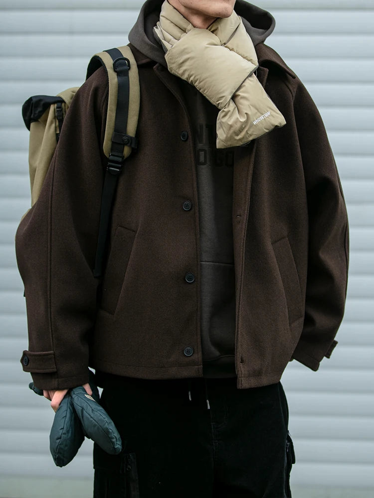 American Retro Loose Men's Woolen Jacket Thickened Casual Short Cotton Coat for Autumn Winter Versatile Warm Flannel Coat