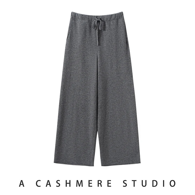 Ladies 100% Cashmere Knitted Wide Leg Pants Casual Solid Color Loose Fit Elastic Waist Floor-Length Poc Matching Pants