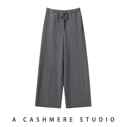 Ladies 100% Cashmere Knitted Wide Leg Pants Casual Solid Color Loose Fit Elastic Waist Floor-Length Poc Matching Pants