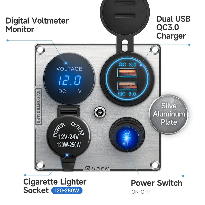 Dual Port Usb 36W On Off Digital Led Voltmeter For Car Splitter Cigarette Lighter Socket 12V QC Adapter 3.0 Quick Phone Charger