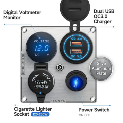 Dual Port Usb 36W On Off Digital Led Voltmeter For Car Splitter Cigarette Lighter Socket 12V QC Adapter 3.0 Quick Phone Charger
