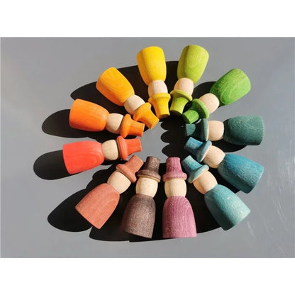 Rainbow Wood Peg Dolls Pastel Color  Wizard Figures Montessori Toy For Kids Block Play