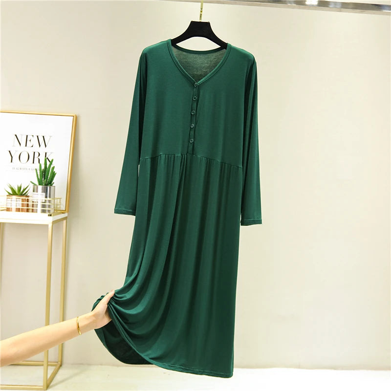 Early Autumn 2024 Women's V-Neck Long Sleeve Dress Loose Button-Up Modal Dress for Home Wear Midi Skirt A-Line Silhouette