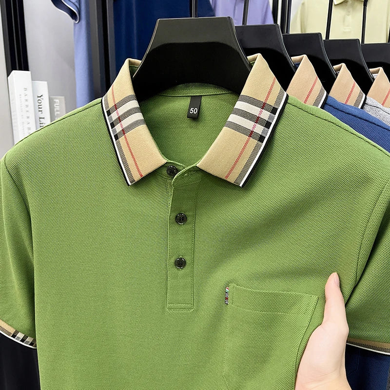 100% Pure Cotton Short Sleeved T-shirt for Men Summer Collar Middle-aged Casual Real Pocket Dad's Polo Shirt