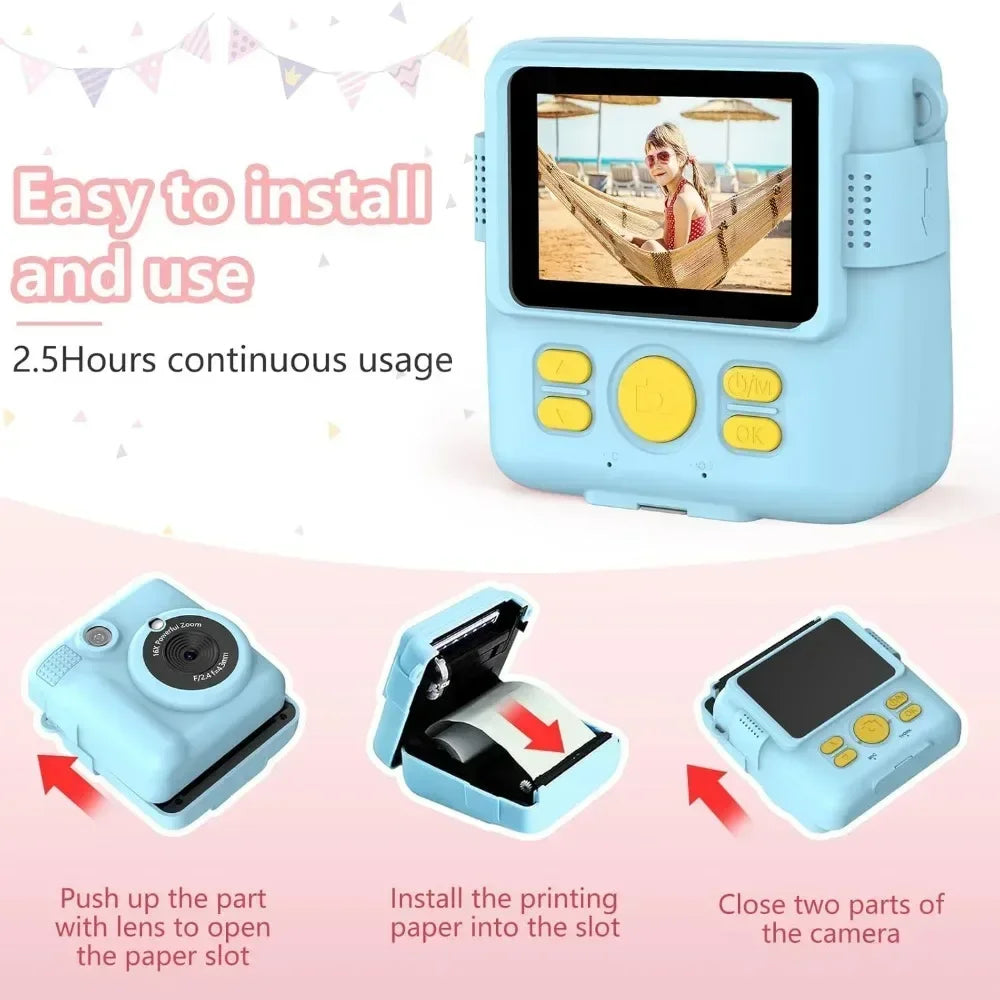 1080P Kids Camera Instant Print Portable Kids Camera with  32GB Card3 and Rolls Photo Paper , Perfect Gift for Toddlers
