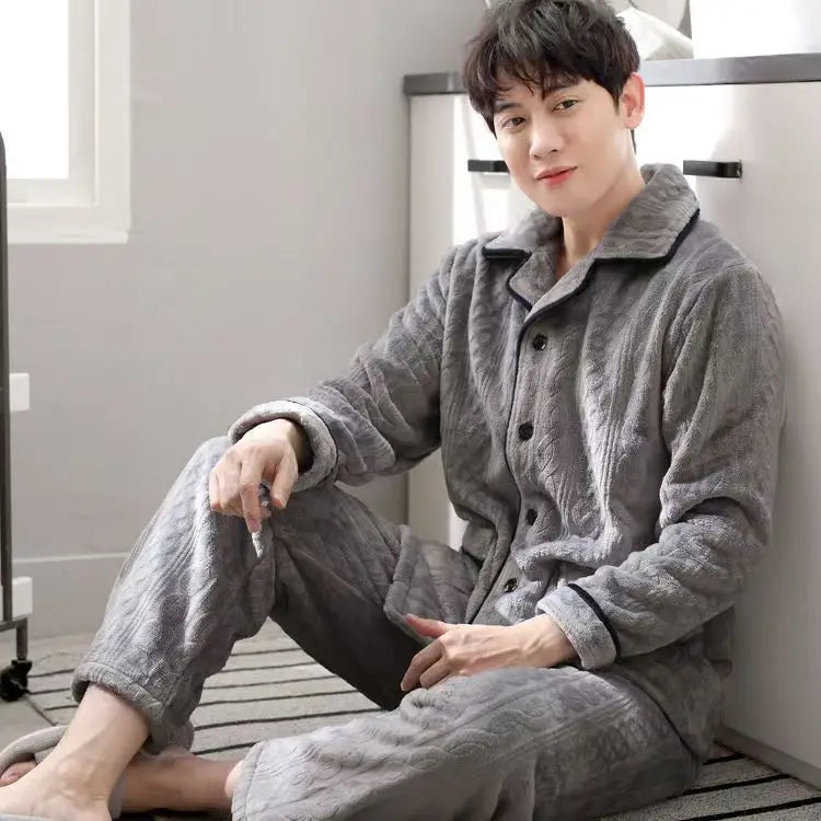 Men's Winter Sleepwear Coral Fleece Thickened Flannel Casual Long Sleeve Pajamas Large Size Home Clothes Chinese Style