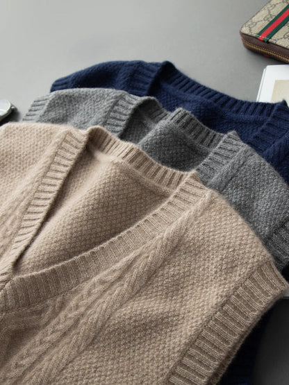 Men's 100% pure cashmere vest for men's autumn and winter wool sweater V-neck pullover sweater thickened warm wool vest