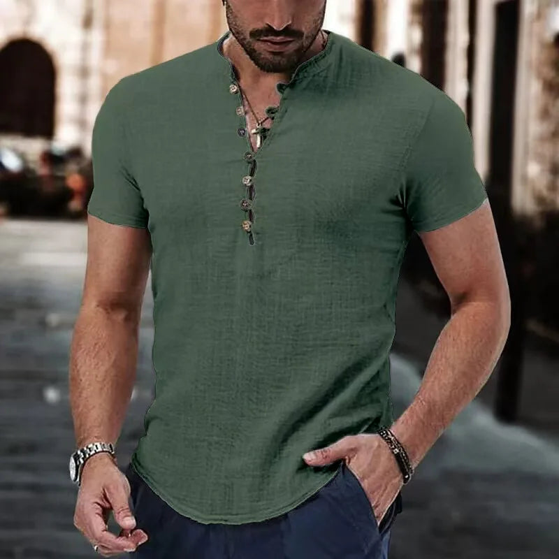 Men's Short Sleeve Linen Shirt Summer Lightweight Casual V-Neck T-Shirt Men Basic Solid Color Loose Fit Top