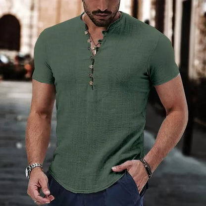 Men's Short Sleeve Linen Shirt Summer Lightweight Casual V-Neck T-Shirt Men Basic Solid Color Loose Fit Top