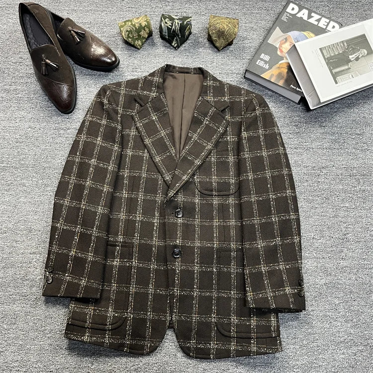 Vintage Unisex Woolen Suit Jacket Simple Casual Plaid Retro Style Warm Windproof Interview Commuting Business Casual Wear