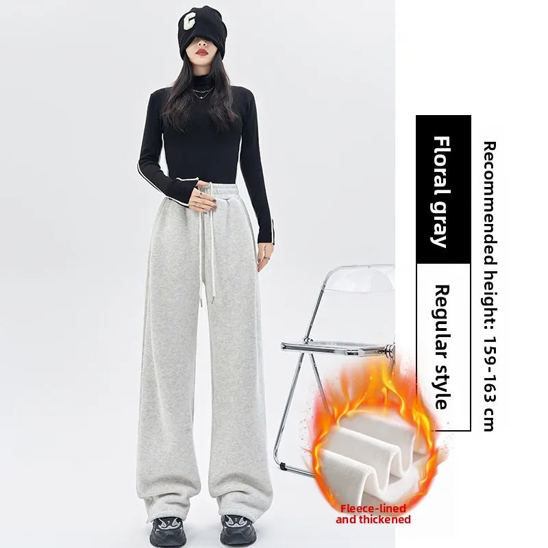 Gray Lamb Velvet Sport Pants Women's High Waist Drapey Fleece Wide Leg Casual Small Size Thickened Cotton Pants
