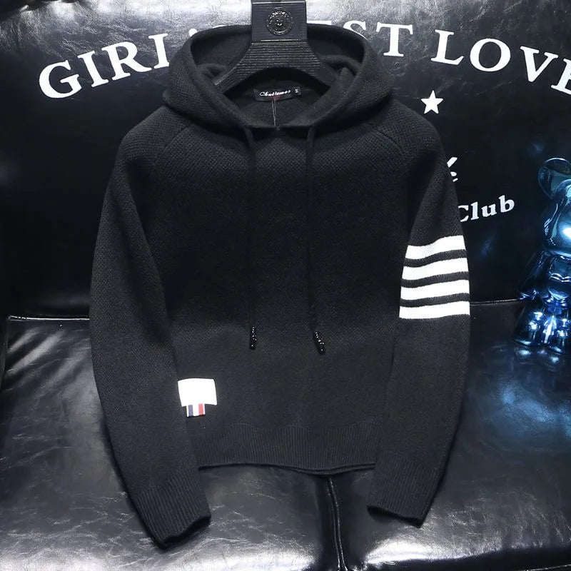 2025 Spring and Autumn New Fashion Trend Thickened Warm Striped Hooded Sweater Men's Casual Loose Sports High Quality Knitwear