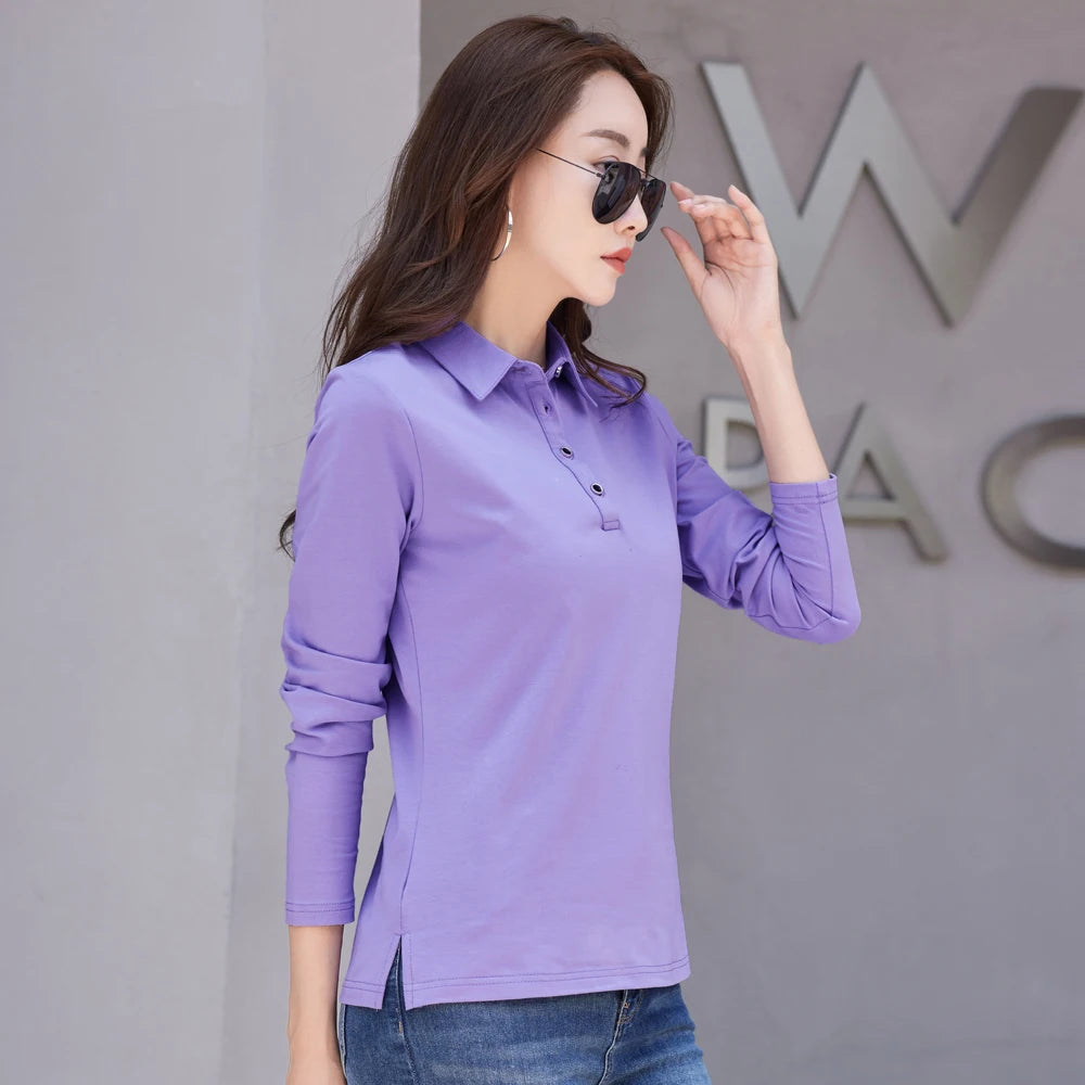 Autumn New In Basic T Shirt Long Sleeve Cotton Plus Size Cotton Polo T- Shirt Women Button Casual Office Lady Formal Women Tops