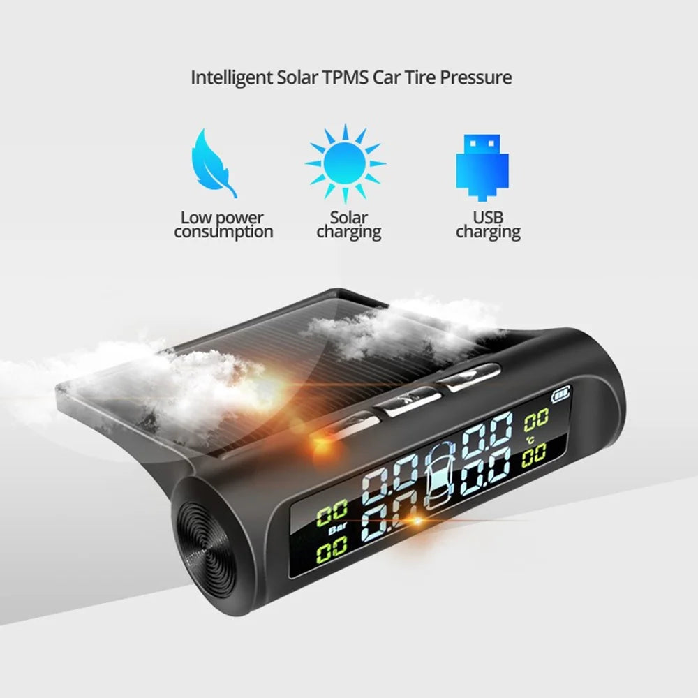 Solar Car TPMS, LCD Display Tire Pressure Monitor with USB Charging, External/Internal Sensor, Auto Alarm, Digital TPMS for Car