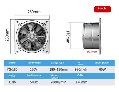 6''7''8'' Booster Fan Extractor Exhaust fan Ventilation Pipe Fan for Bathroom Toilet Kitchen Wall Window Stainless Steel Fan