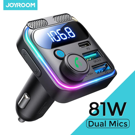 JOYROOM 81W Bluetooth 6.0 Car FM Transmitter Dual Mics PD&QC 3.0 Car Fast Charging Charger Adapter U Disk Hands-Free Calling