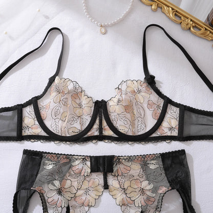 2026 European and American Bow Accessories Perspective Embroidery Splicing Mesh Sexy Body Shaping Underwear Four Piece Set