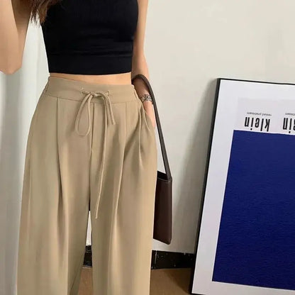 Ice Silk High Waist Wide Leg Pants Women Summer Loose Thin Straight Casual Trousers Korean Style Polyester Fiber Skin-friendl...