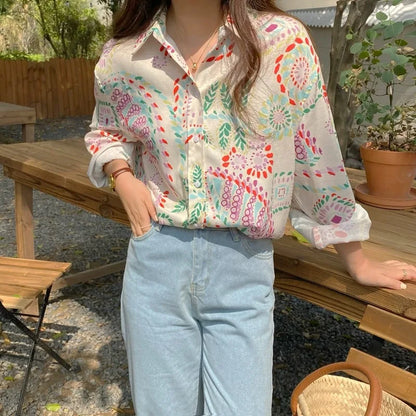 Chic Women's Shirt Vintage Gentle Loose Design Sensation Elegance Korean Style Long Sleeve  Collar Print Casual Fashion