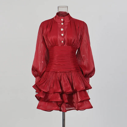 TWOTWINSTYLE Solid Spliced Ruffles Dress Female Stand Collar Long Sleeve Loose French Elegant Women's Dresses Autumn Fashion New