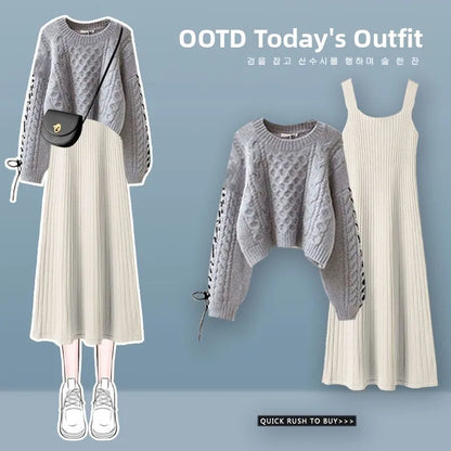 plus Size Autumn Winter Knitted Sweater Dress Set Women's High End Fashion Slimming Two Piece Suit Commute Style Long Sleeve ...