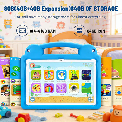 ANRY Children's Learning Tablet 10.1 Inch Android 15 8GB RAM 64GB ROM 5000mAh Battery Eye Care Shockproof Silicone Case for Kids