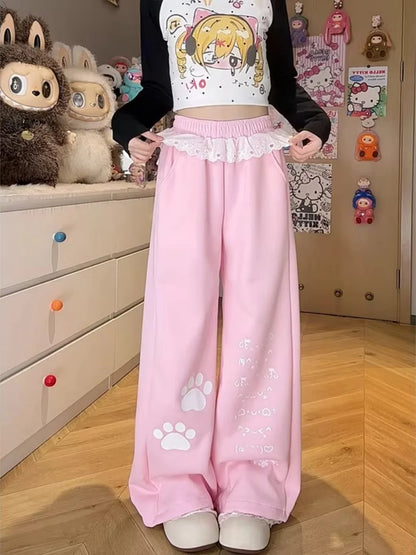 Sweet Cartoon Print Wide Leg Pants Women's High Waist Straight Lace Splice Casual Sports Sweatpants Breathable Cotton Blend