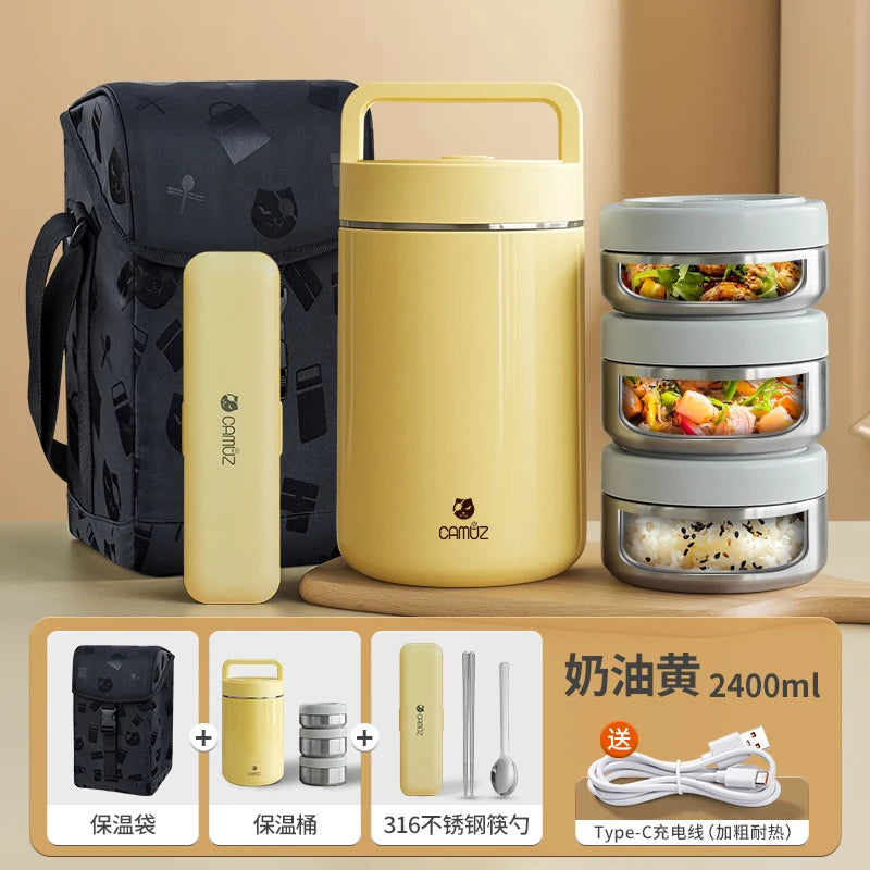 3 Layers Stainless Steel USB Heating Portable Insulated Lunch Box Food Storage Container For Adults