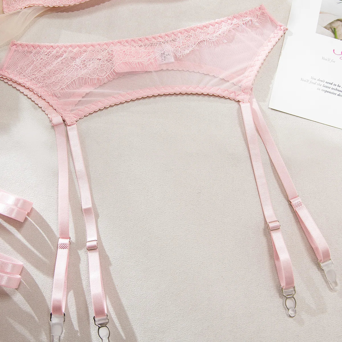 Ellolace Fancy Lingeries Sexy Hot Elegant Bra 3PC Set with Leg Circles Sissy Solid Color Intimate Eyelash Lace Patchwork Costume