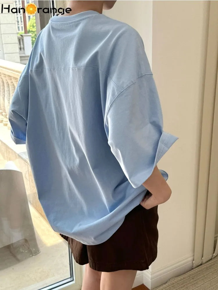 HanOrange 2026 Summer Minimalist Silhouette Short Sleeve Cotton T-shirt Women Loose Relaxed Casual Top Tees White/Yellow/Blue