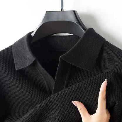 New Men's Shirt Collar Sweater, Business Slim Cashmere Textile Polo Top, Gentleman Thickened Warm and Simple Fashion Pullover